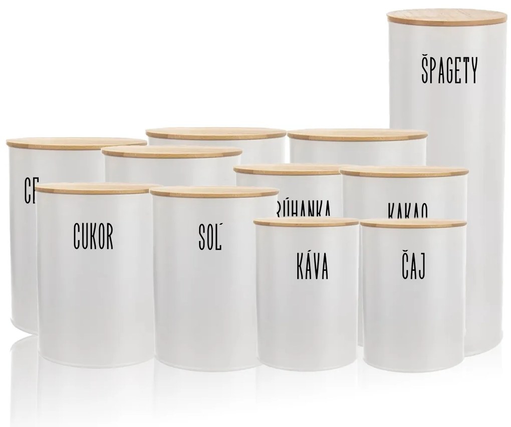 Orion Súprava 11 ks plechových dóz na potraviny, biele, s bambusovým vekom SADA