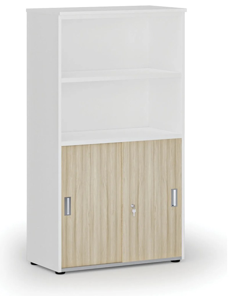 Kombinovaná kancelárska skriňa PRIMO WHITE, zasúvacie dvere na 2 poschodia, 800 x 420 x 1434 mm, biela/dub prírodná