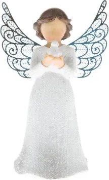 Dekoračná soška Anjel s vtáčikom 12 cm, biely%