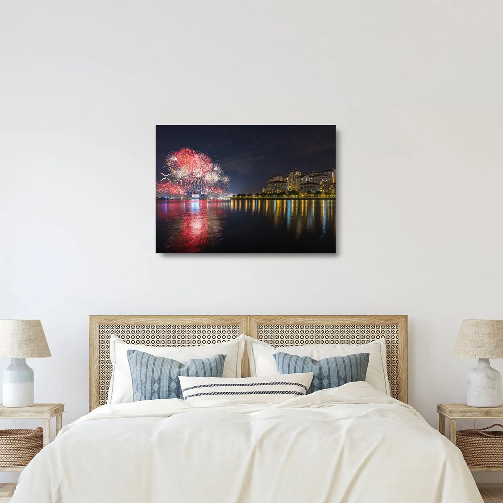 Sklenený obraz ohňostroja v Singapure (70x50 cm)
