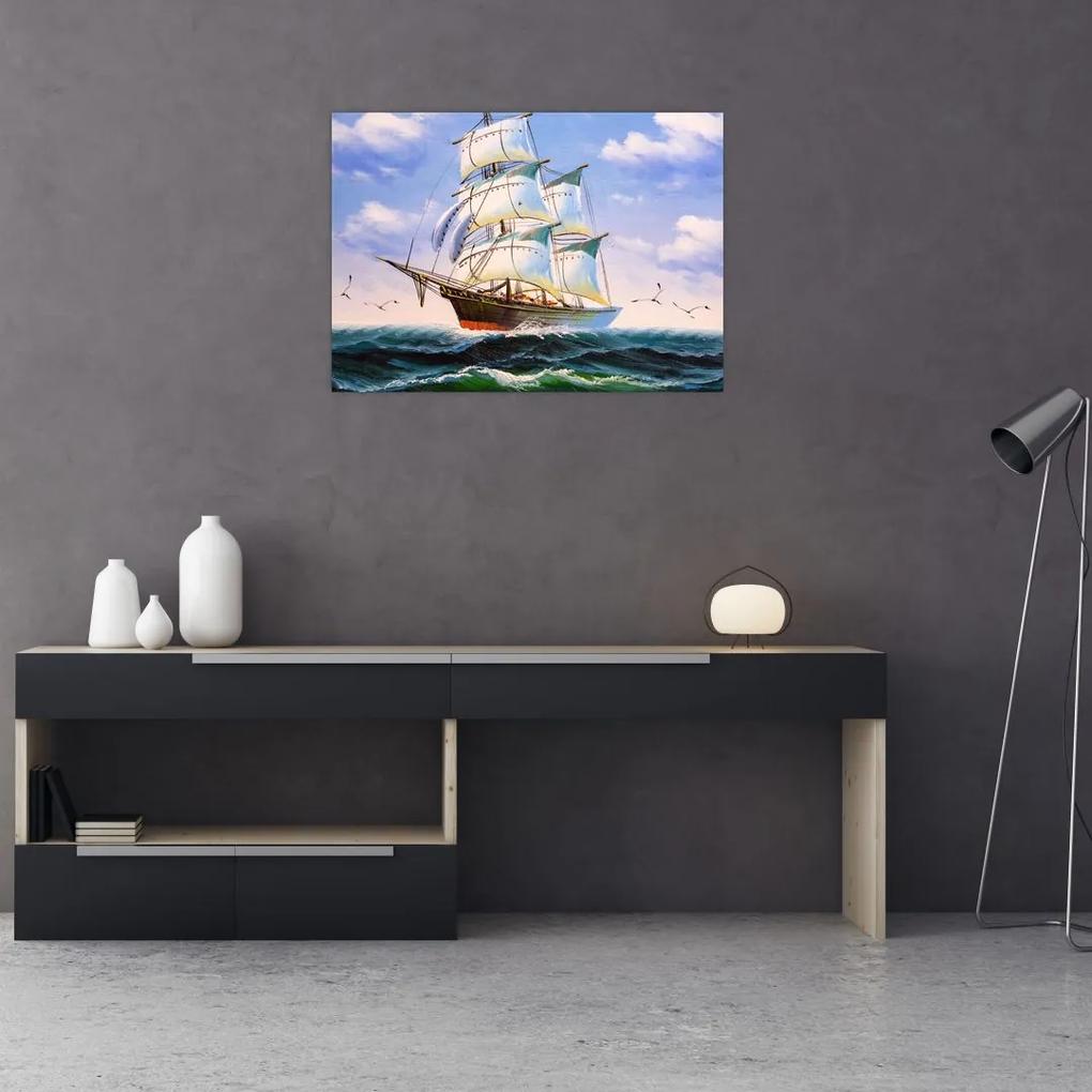 Sklenený obraz lode na vlnách (70x50 cm)