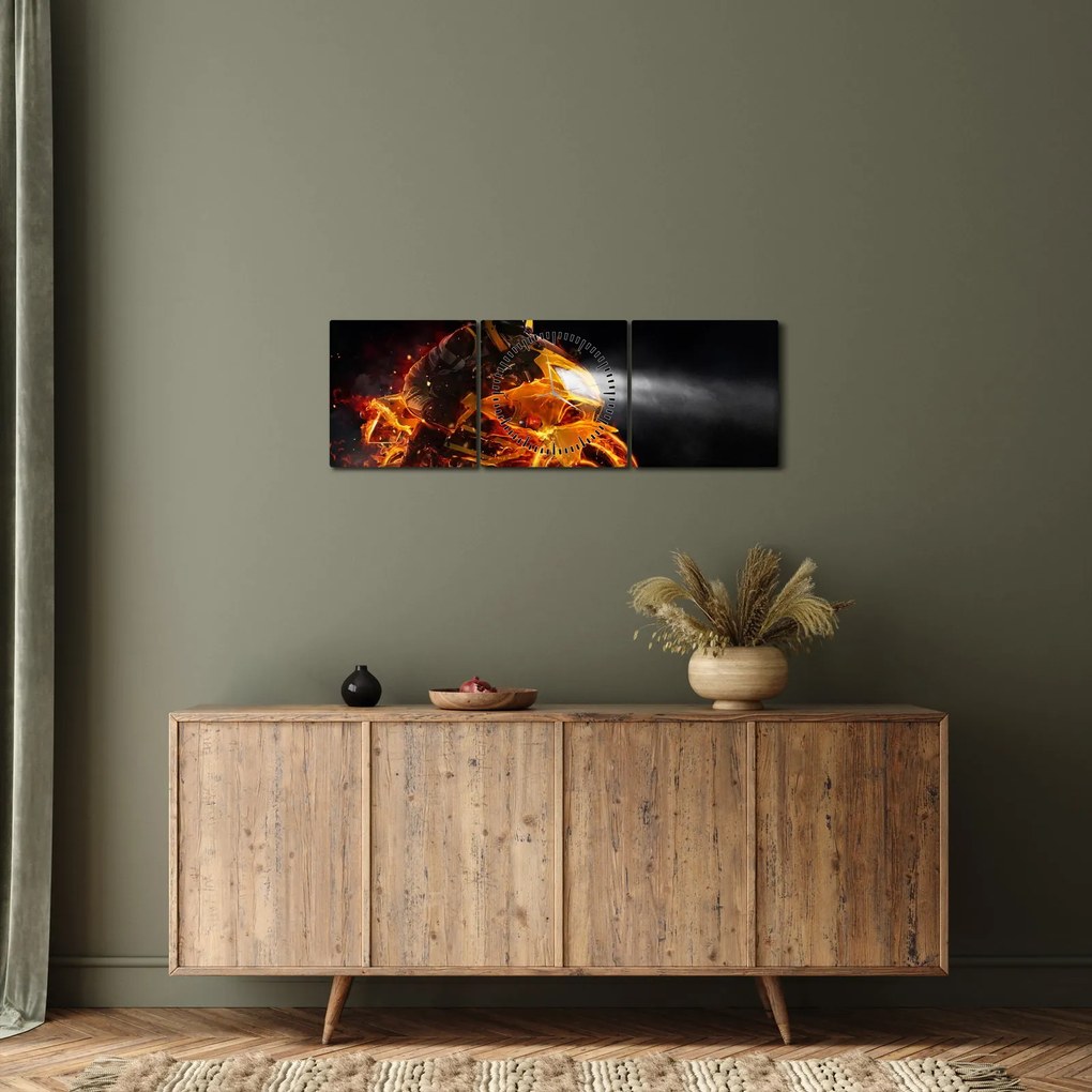Obraz - Motorkár s plameňmi (s hodinami) (90x30 cm)