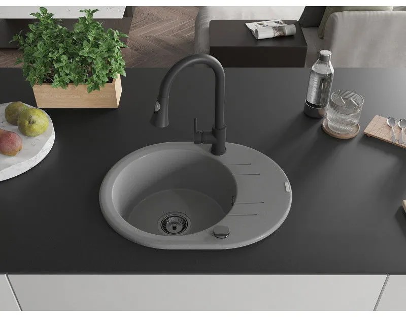 Mexen Kevin, 1-komorový granitový drez 586x458x190 mm a drezová batéria Elia, šedá, 6517-71-670101-70-B