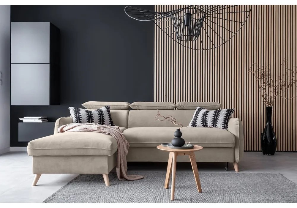 Béžová zamatová rozkladacia rohová pohovka (ľavý roh) Sweet Harmony – Miuform