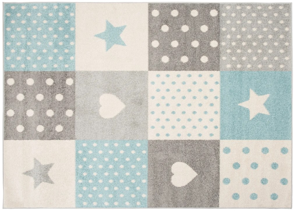 Kusový koberec AZUR srdiečka a hviezdičky - šedý/tyrkysový/biely