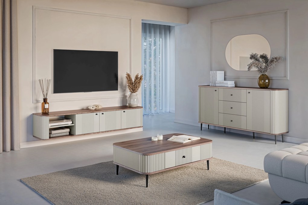 Závesná RTV skrinka Vesper 187 cm trojdverová - kasmír / orech / čierne úchyty