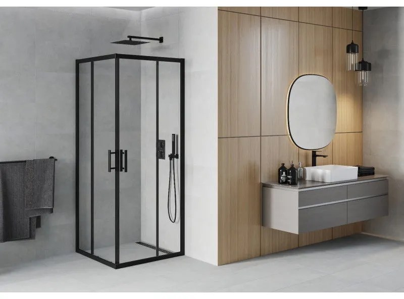 Mexen Rio, štvorcový sprchovací kút s posuvnými dverami 90(dvere) x 90(dvere) x 190 cm, 6mm číre sklo, čierny profil, 860-090-090-70-00