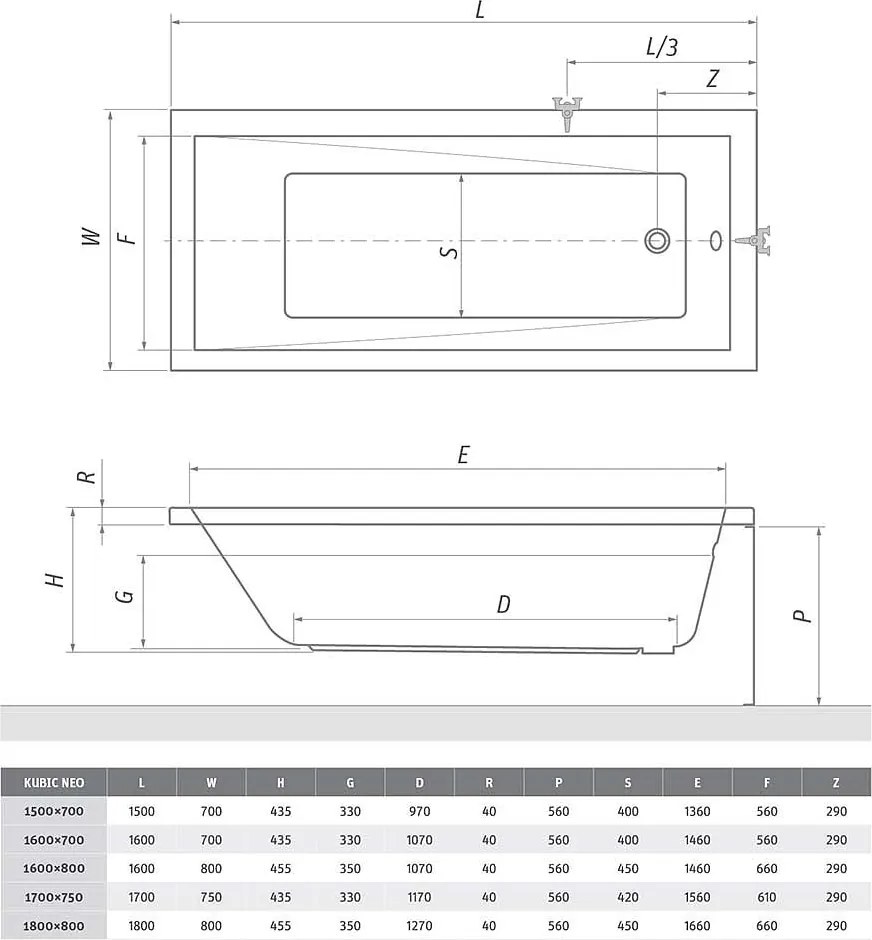 Roth Obdĺžniková akrylátová vaňa KUBIC NEO ROTH-Variant: rozmery: 170x75 cm - (KUBIC NEO 170x75 - 9330000)