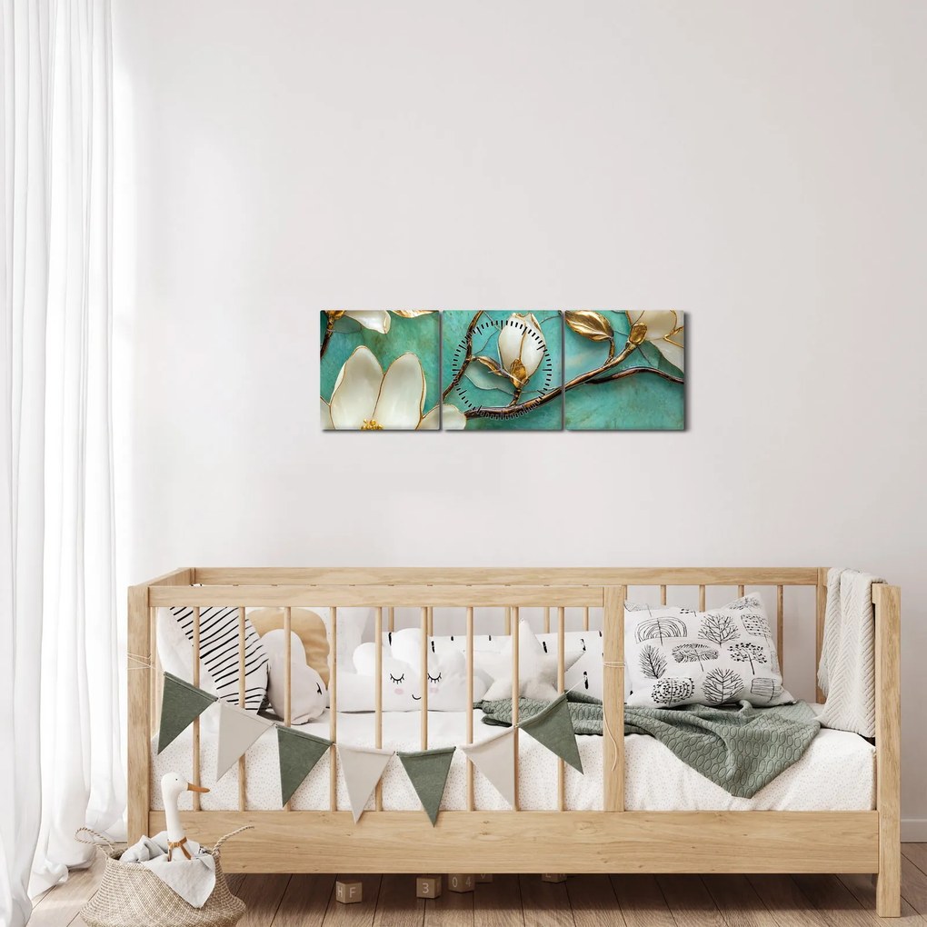 Obraz - 3D magnólia (s hodinami) (90x30 cm)