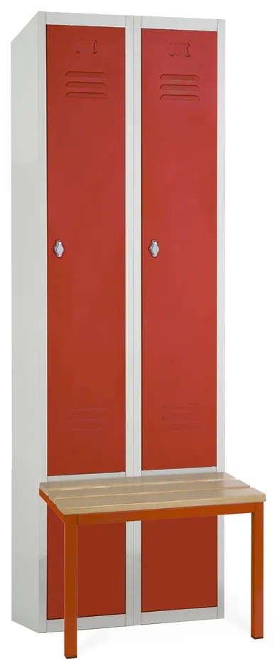 Kovová šatníková skrinka s lavičkou, 60 x 85 x 185 cm, sokel, otočný zámok, červená - ral 3000