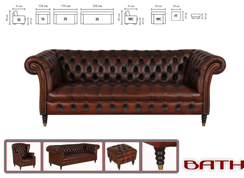 Pohovka trojmiestna Chesterfield Bath z pravej hovädzej kože Brown Brown