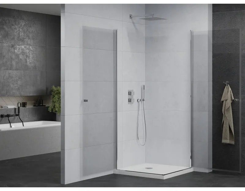 Mexen Pretoria Duo, sprchovací kút s 2-krídlovými dverami 90 (dvere) x 90 (dvere) cm, 6mm číre sklo, chrómový profil + slim sprchová vanička 5cm biela, 852-090-090-01-02-4010