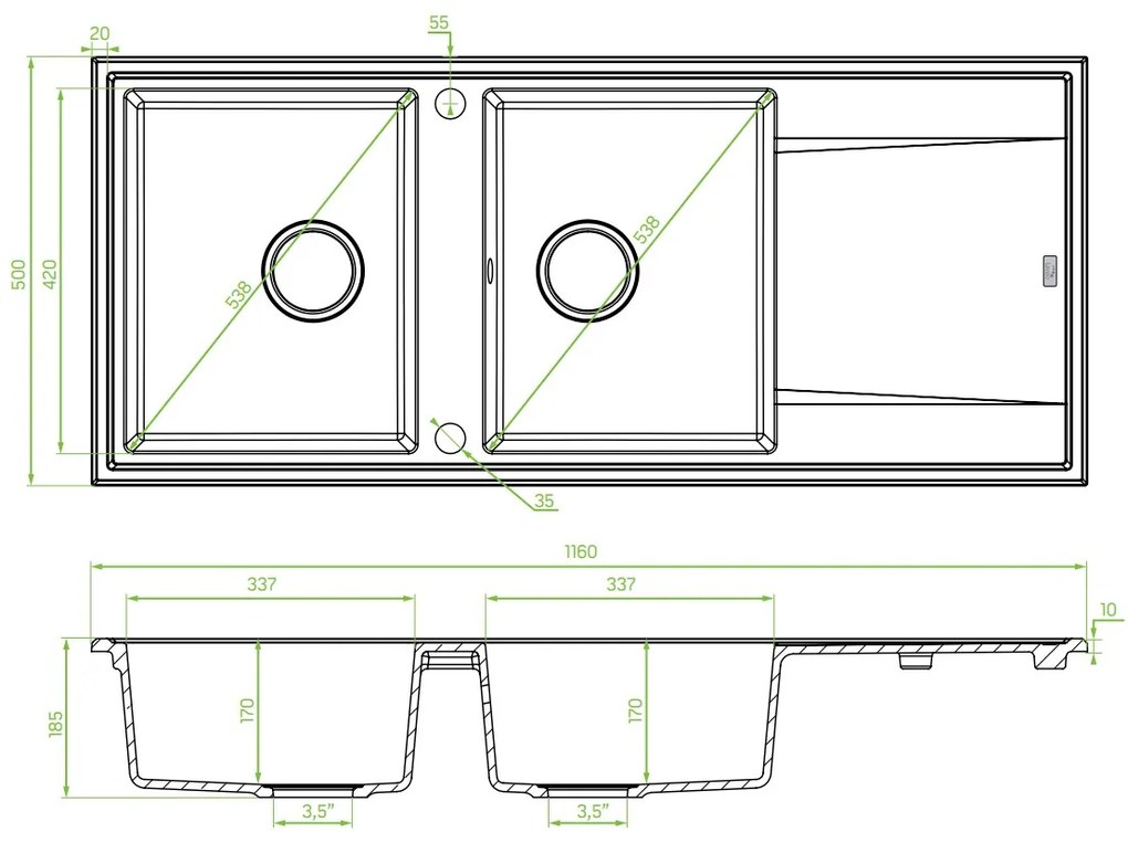 Laveo Megalo, 2-komorový granitový drez 1160x500x185 mm s dlhým odkvapávačom, šedá, LAV-SBE_521T