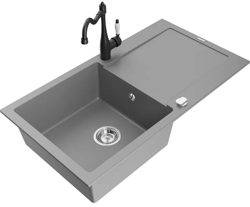 Mexen Leo, 1-komorový granitový drez 900x500x190 mm a drezová batéria Carla, šedá, 6501-71-670700-70