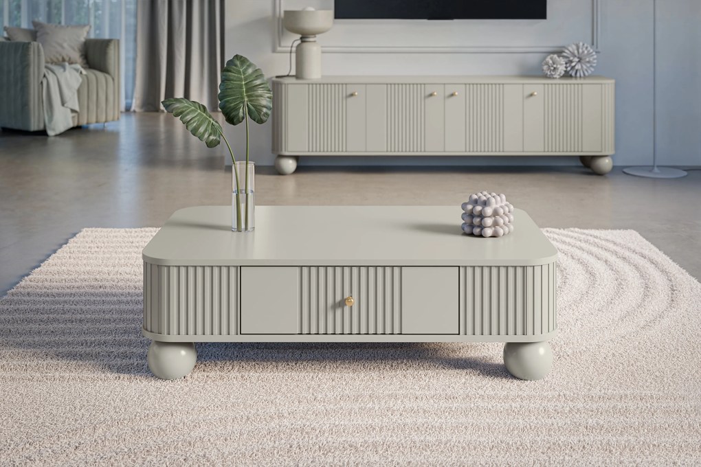 Kávový stolík Vesper 103x60 cm so zásuvkou - kasmír / zlaté úchyty / guľové nohy