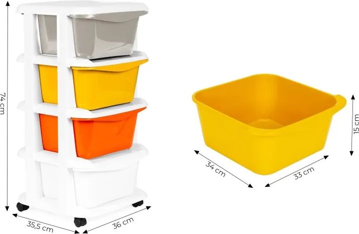 Pojazdný regál so 4 zásuvkami na kolieskach, plastový