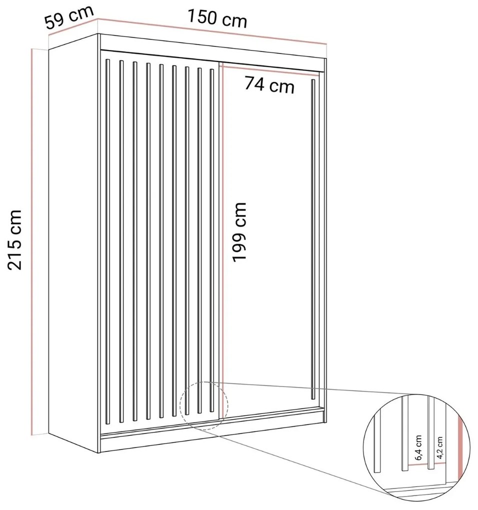 ŠATNÍKOVÁ SKRIŇA S POSUVNÝMI DVERAMI CYNTIA ČIERNA + ZLATÉ LIŠTY 150 cm