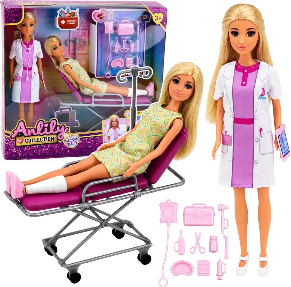 LEAN Toys Bábiky Anlily – Lekárka s pacientkou, nemocničná posteľ, infúzia, príslušenstvo