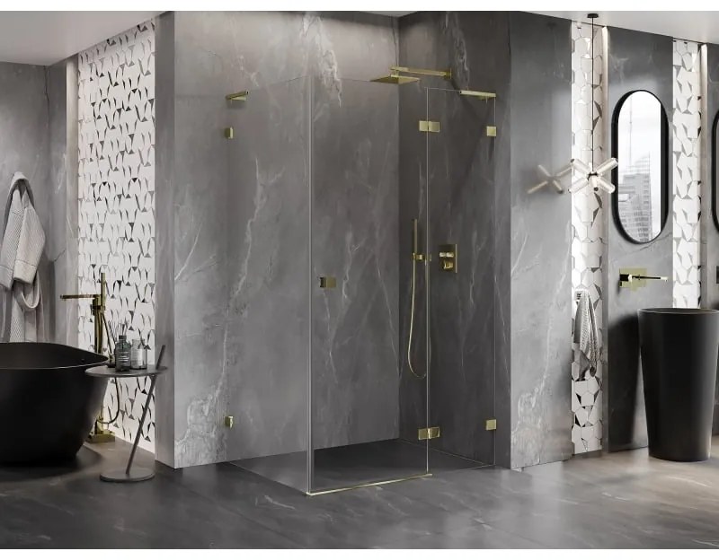 Mexen Lunar, L pravý výklopný sprchový kút 95 x 90 cm, 8mm číre sklo, zlatý profil, 834L-095-090-50-00-P