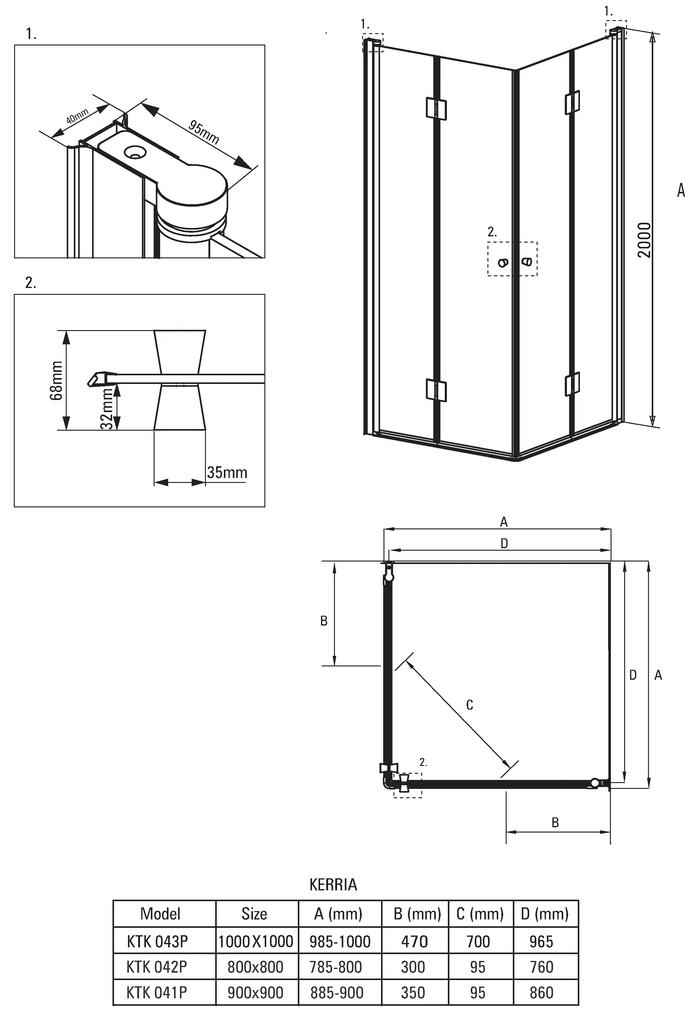 Deante Kerria, štvorcový sprchový kút so skladacími dverami 100x100 cm, výška 200cm, 6mm číre sklo s ActiveCover, chrómový profil, KTK_043P