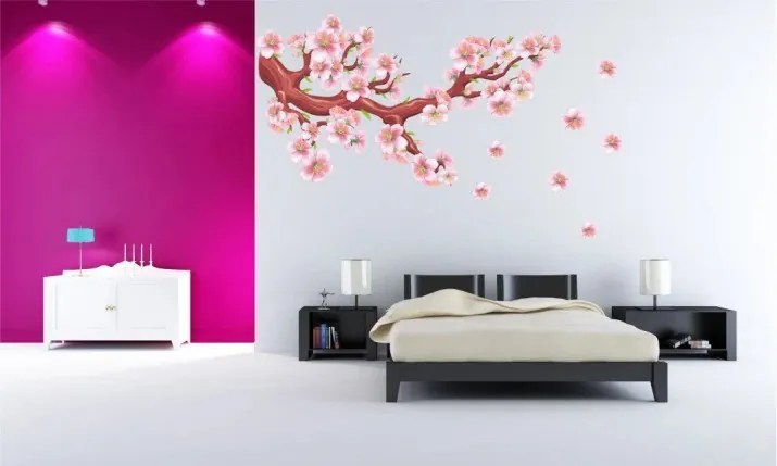 Nálepka na stenu do interiéru rozkvitnutý konár s ružovými kvetmi 60 x 120 cm