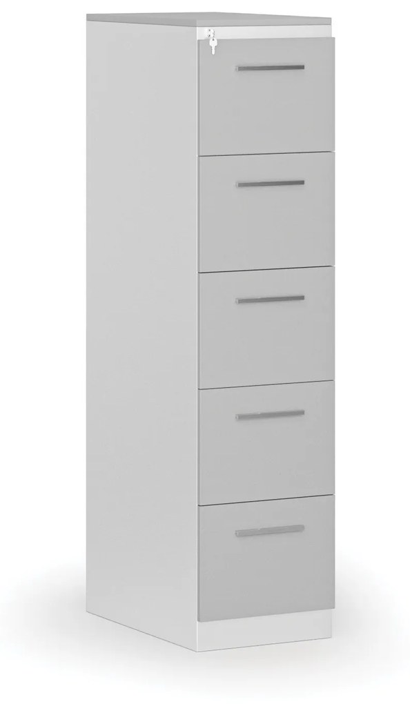 Kovová zásuvková kartotéka PRIMO s drevenými čelami A4, 5 zásuviek, biela/sivá