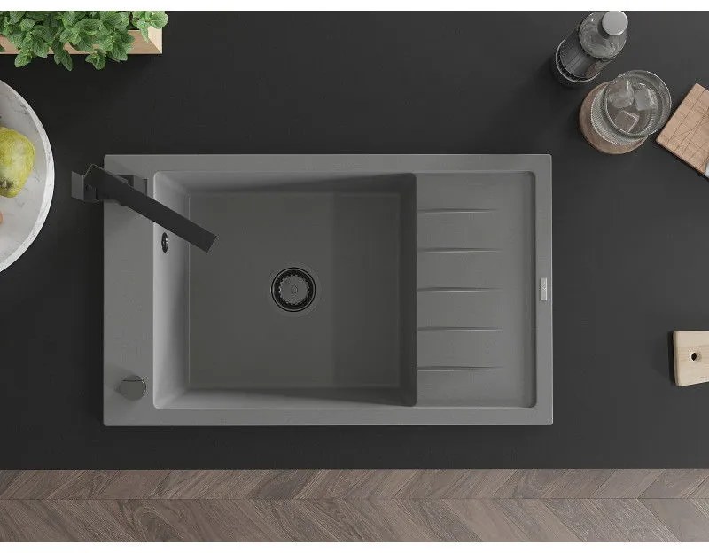 Mexen Elias, granitový drez granitový 795x480x200 mm, 1-komorový, šedá s čiernym sifónom a čierna drezová batéria Rita, 6511-71-670300-70-B