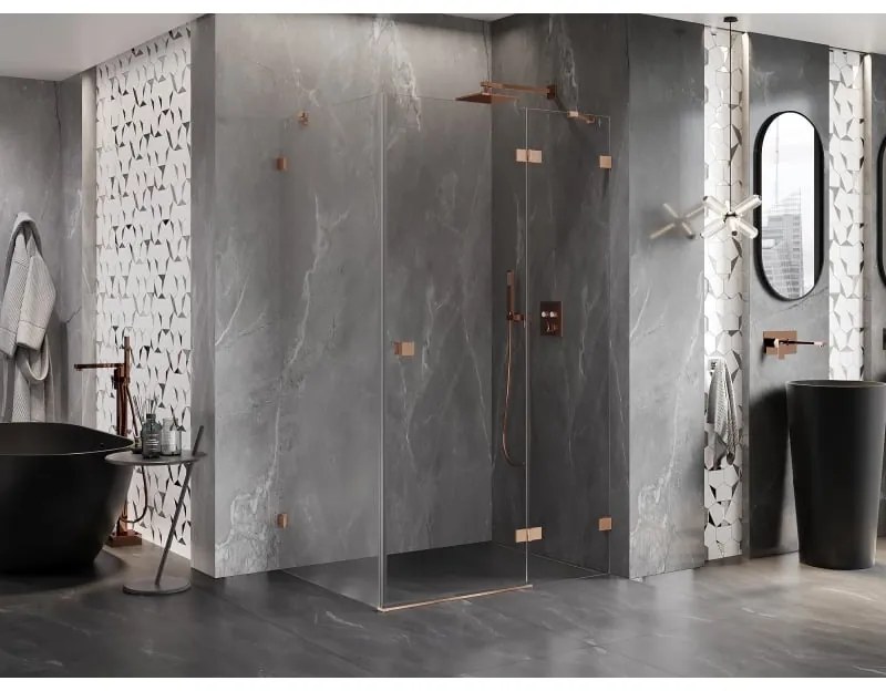Mexen Lunar, pravostranný výklopný sprchový kút 95 x 90 cm, 8mm číre sklo, profil medená matná, 834-095-090-65-00-P