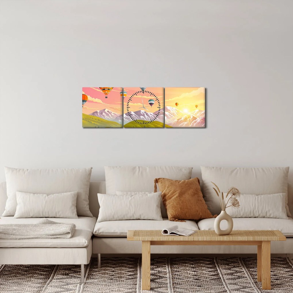 Obraz balónov nad krajinou (s hodinami) (90x30 cm)