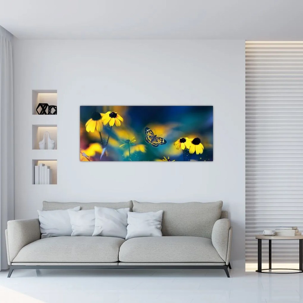 Obraz - Žltý motýľ s kvetmi (120x50 cm)