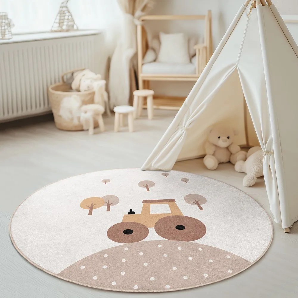 Béžový prateľný detský koberec ø100 cm Tractor World – Mila Home