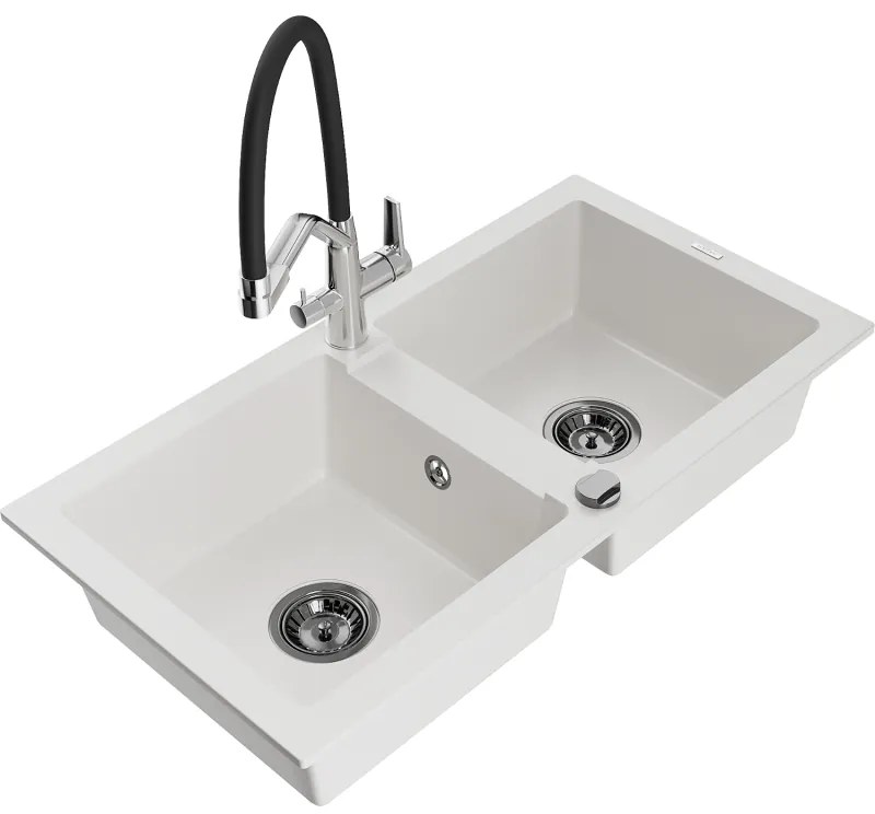 Mexen Mario, granitový drez 820x436x161 mm, 2-komorový a drezová batéria Duo, biela, 6504-20-671701-07-B