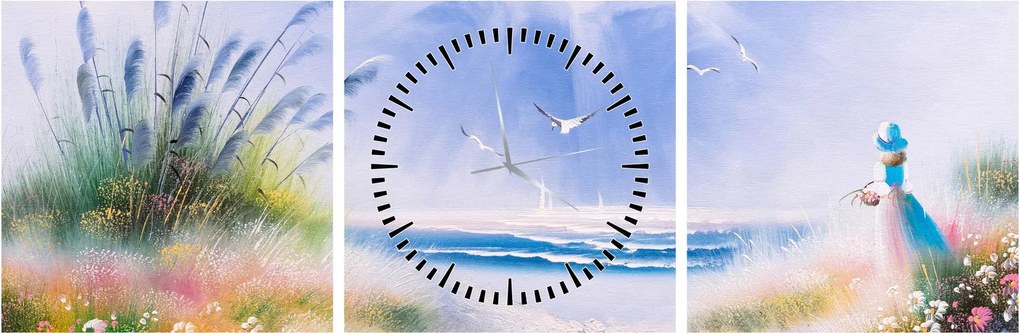 Obraz - Romantická pláž, olejomaľba (s hodinami) (90x30 cm)