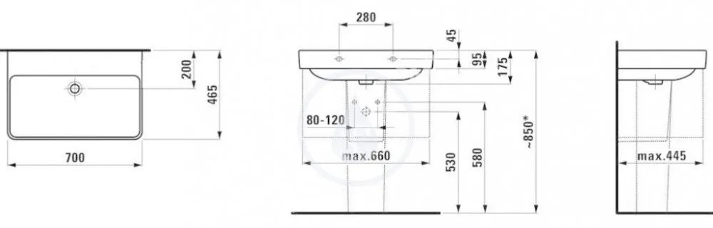 LAUFEN Pro S Umývadlo, 700 mm x 465 mm, bez otvoru na batériu, biela H8169670001091