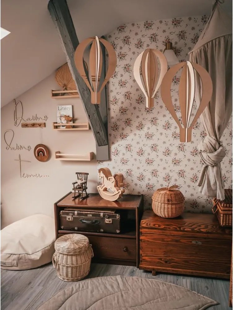 Súprava 3D teplovzdušných balónov – drevená stropná dekorácia pre deti (3 ks)