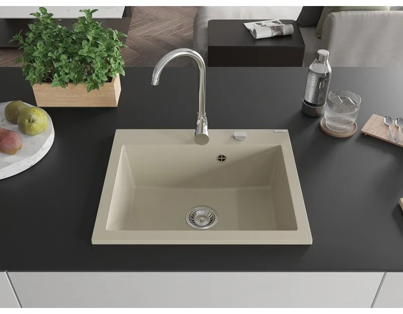 Mexen Elix, 1-korový granitový drez 600 x 500 mm, béžová, chrómový sifón, 6525601005-69