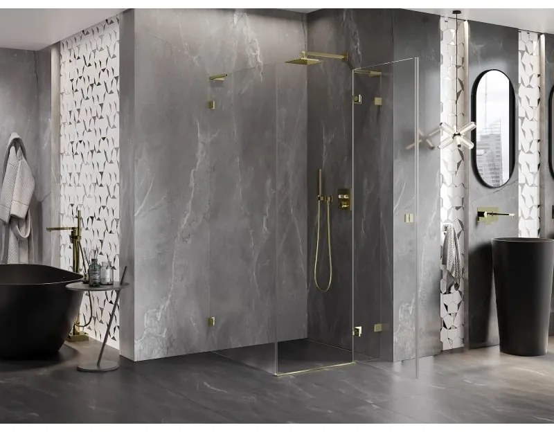 Mexen Lunar, L výklopný sprchový kút pravý 90 x 90 cm, 8mm číre sklo, zlatý profil, 834L-090-090-50-00-P