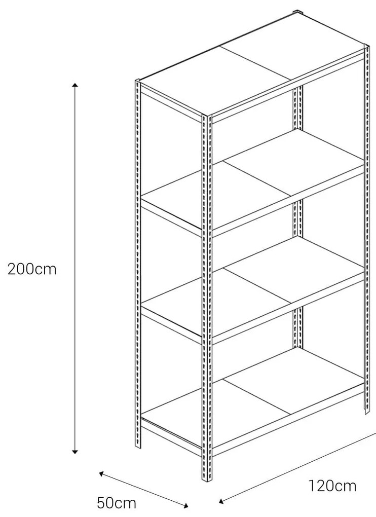 Bezskrutkový kovový regál 200x120x50cm L profil, 4 police