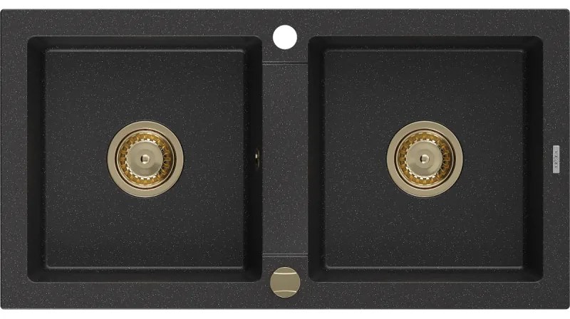 Mexen Mario, granitový drez 820x436x161 mm, 2-komorový, čierna-strieborná metalíza so zlatým sifónom, 6504822000-73-G
