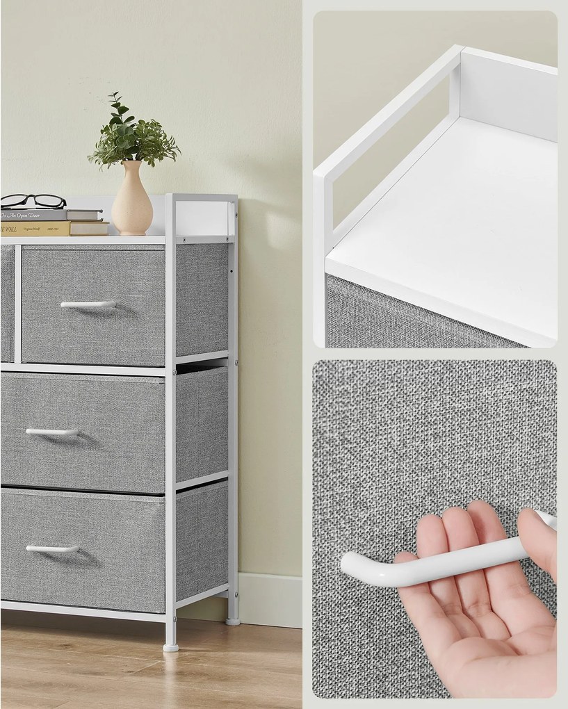 Komoda, 7 látkových zásuviek s rukoväťmi, kovový rám, sivá a biela