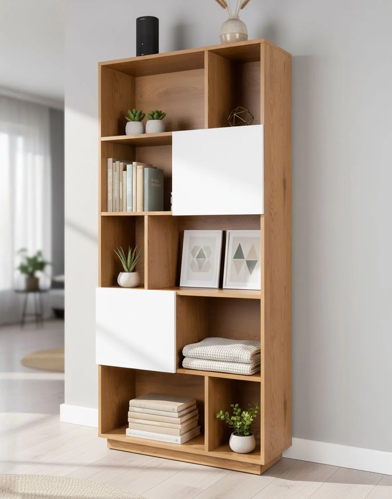 Knižnica Nevada, prírodný dub s bielymi dvierkami, 80 cm (BS01)