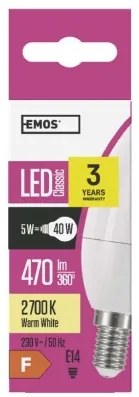 EMOS LED žiarovka Candle, E14, 6W, teplá biela