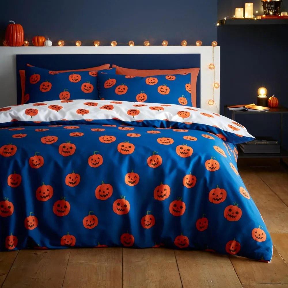 Modré/oranžové obliečky na dvojlôžko/predĺžené 230x220 cm Halloween Pumpkins – Catherine Lansfield
