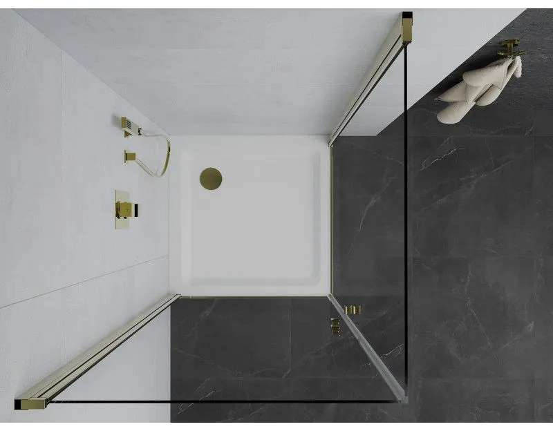 Mexen Pretoria Duo, sprchovací kút s 2-krídlovými dverami 80 (dvere) x 80 (dvere) cm, 6mm číre sklo, zlatý profil + slim sprchová vanička 5cm biela so zlatým sifónom, 852-080-080-50-02-4010G