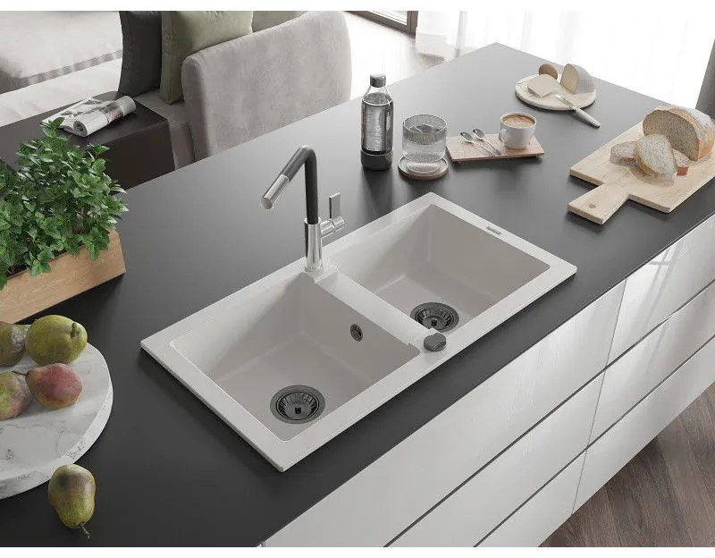 Mexen Mario, 2-komorový granitový drez 820x436x161 mm a drezová batéria Flora, biela, 6504-20-670401-07-B
