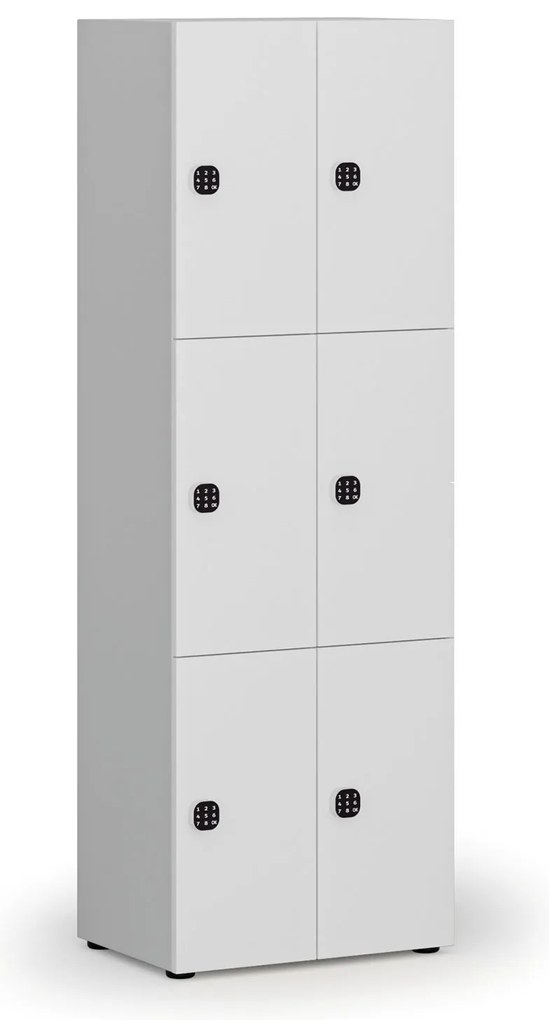 Drevená šatníková skrinka S4 s úložnými boxmi, 6 boxov, demont, kódový zámok, sivá/biela