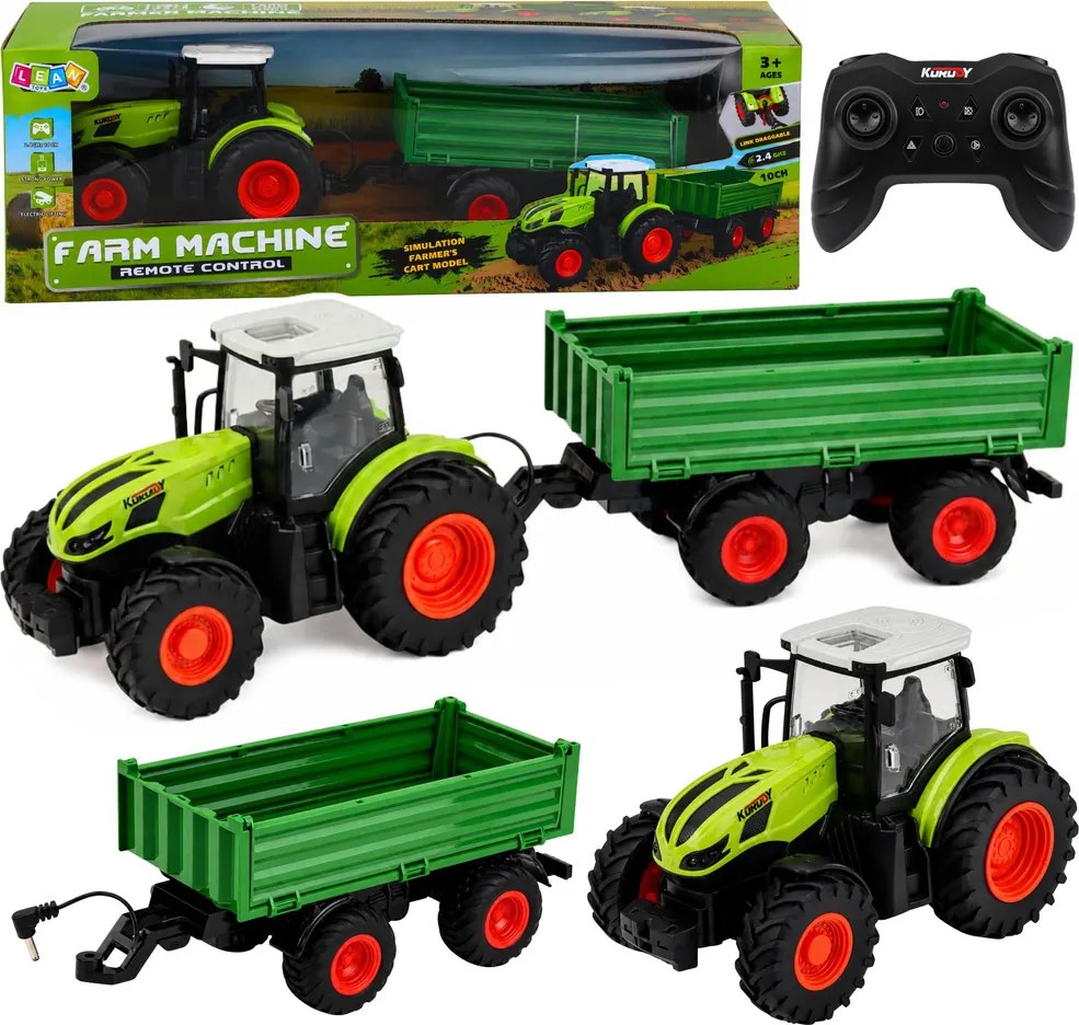 LEAN Toys Poľnohospodársky traktor s vyklápacím prívesom, diaľkovo ovládaný RC, zelený, mierka 1:24