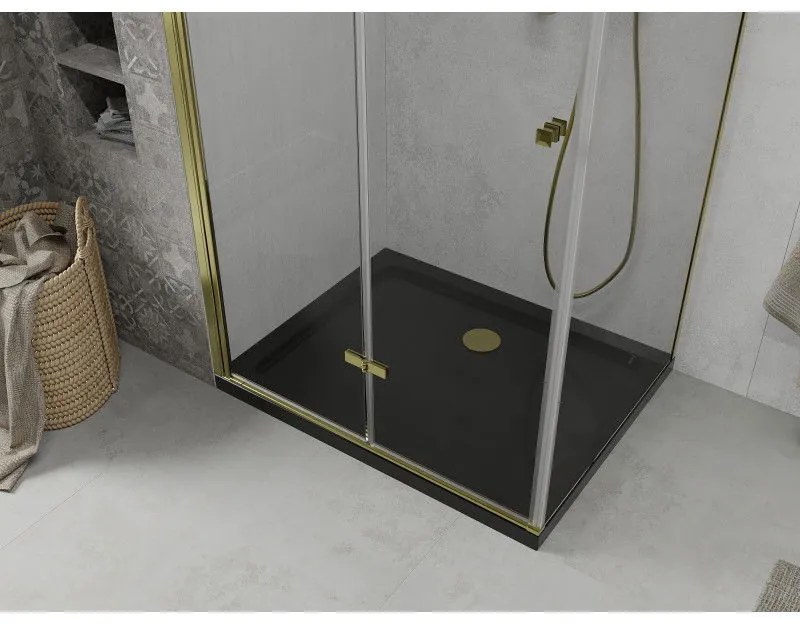 Mexen Lima, sprchový kút so skladacími dverami 90 (dvere) x 100 (stena) cm, 6mm číre sklo, chrómový profil + slim sprchová vanička čierna + zlatý sifón, 856-090-100-50-00-4070G