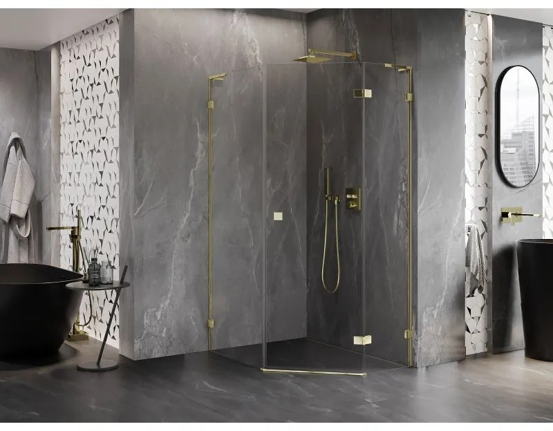 Mexen Lunar, L pravý výklopný päťuholníkový sprchový kút 90 x 100 cm, 8mm číre sklo, zlatý profil, 831L-090P-100L-50-00-P