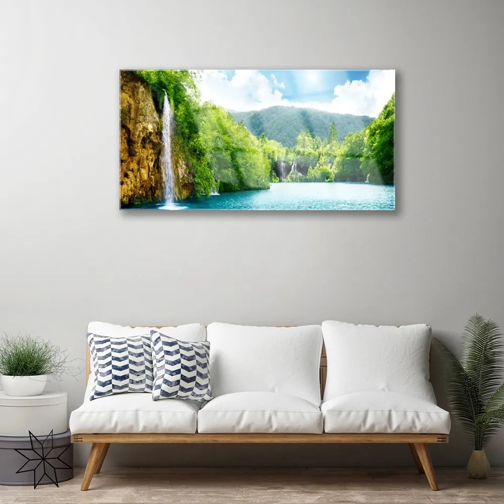 Skleneny obraz Hory les jazero príroda 125x50 cm
